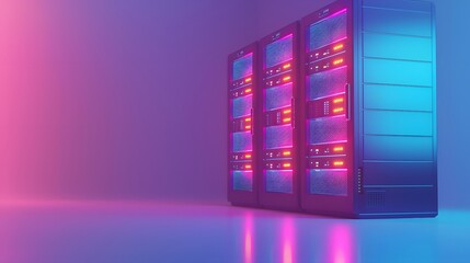 Poster - Modern data center server racks with colorful neon lights, showcasing advanced technology and digital connectivity in a futuristic environment.