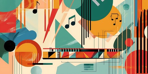 Poster - A retro poster with bold geometric shapes and contrasting colors, such as circles, squares and lines forming patterns resembling musical instruments