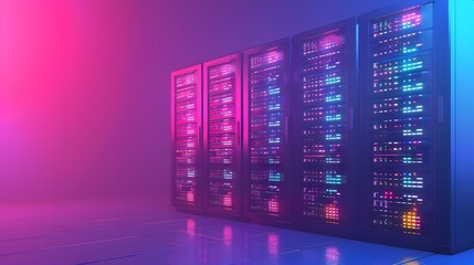 Poster - Modern data center with colorful server racks, futuristic technology, and glowing lights in a high-tech facility.