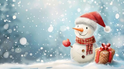 Canvas Print - Snowman with gift and scarf on snowy background Christmas card