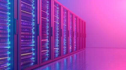Poster - Modern data center with glowing lights and racks of servers under vibrant pink and blue ambient lighting.
