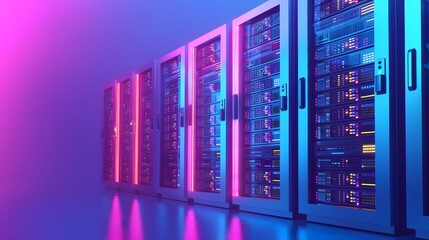 Poster - Modern data center with glowing server racks in a futuristic setting, showcasing advanced technology infrastructure and IT solutions.