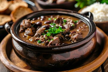 Traditional beef chili with beans garnished with parsley in a rustic pot, accompanied by rice and bread