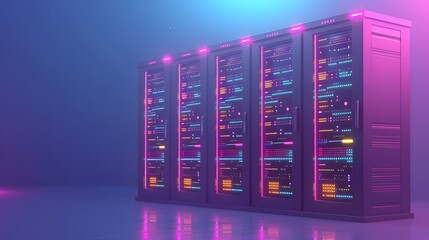 Poster - Modern data center with glowing servers. Neon lights illuminating the high-tech server racks. Future of data storage and cloud computing.