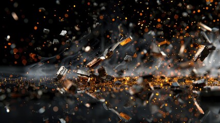 Wall Mural - Macro Photograph Capturing Burning Magnesium Fragments Falling on Reflective Black Surface