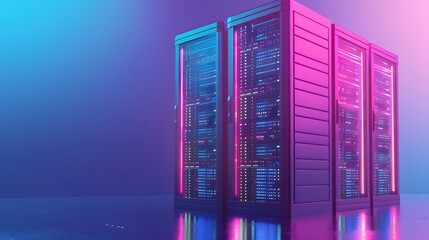 Poster - Modern data center with illuminated server racks in a neon-lit environment, showcasing advanced technology and network equipment.