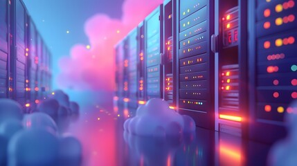 Poster - Modern data center with illuminated server racks, surrounded by floating clouds in a bright and futuristic atmosphere.
