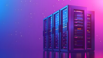Poster - Modern data center with illuminated servers in a futuristic setting, showcasing technology and network infrastructure in vibrant colors.
