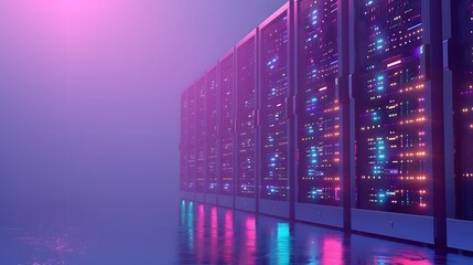 Modern data center with server racks illuminated by purple and blue lights, representing cloud computing and advanced technology infrastructure.