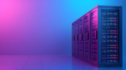 Poster - Modern data center with server racks, illuminated by futuristic neon lighting in pink and blue, representing technology and information storage.