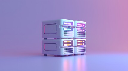 Poster - Modern data server rack illuminated by neon lights in a futuristic setting, representing digital technology and data storage solutions.