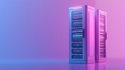Poster - Modern data server rack in a vibrant blue and pink gradient background. High-tech storage solution for data centers and IT infrastructure.