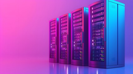 Poster - Modern data server racks in a room with blue and pink lighting, representing technological infrastructure and data management.