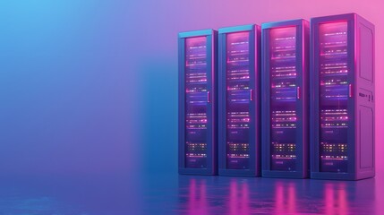 Poster - Modern data server racks in a neon-lit room, perfect for showcasing technology, data storage, and digital infrastructure concepts.