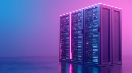 Poster - Modern data server racks in a pink and blue neon-lit room highlighting advanced technology and digital infrastructure for data storage.