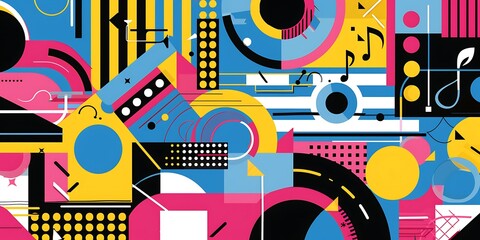Poster - A retro poster with bold geometric shapes and contrasting colors, such as circles, squares and lines forming patterns resembling musical instruments