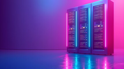 Poster - Modern data server room with glowing pink and blue lights, featuring three server racks on a shiny floor, showcasing technology infrastructure.