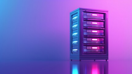 Poster - Modern data server room with illuminated server rack in pink and blue light, reflecting advanced technology and digital solutions.