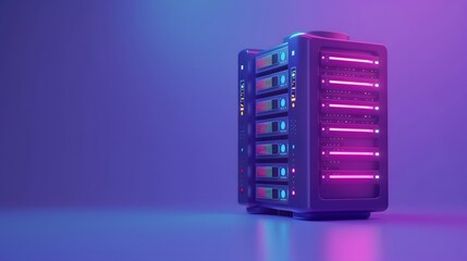 Poster - Modern data server with neon lights in a futuristic purple and blue room, representing technology and data storage advancements.