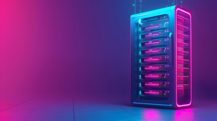 Poster - Modern data server with neon lights in a futuristic setting, highlighting advanced technology and network hardware.