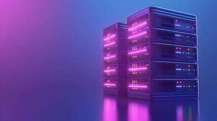 Poster - Modern data servers with neon lights in a futuristic server room, glowing pink and blue in a dark environment.