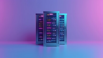 Poster - Modern data servers with vibrant blue and purple lighting, showcasing advanced technology in a futuristic environment.