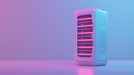 Poster - Modern glowing server tower with neon lights on a gradient background, showcasing futuristic technology and innovation in data management.