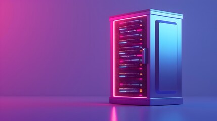 Poster - Modern server rack illuminated with vibrant neon lights, showcasing advanced technology in a data center environment.