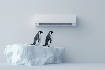 Two penguins are standing on an iceberg enjoying the cool air from an air conditioner on a white background