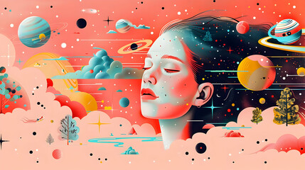 Wall Mural - Cosmic Dream Illustration - Woman with Closed Eyes Surrounded by Stars, Planets, and Clouds