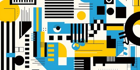 Poster - A retro poster with bold geometric shapes and contrasting colors, such as circles, squares and lines forming patterns resembling musical instruments