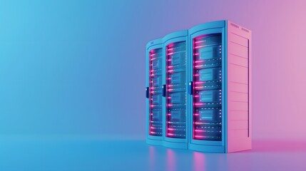 Poster - Modern server racks with blue and pink lighting, representing data storage and technology in a futuristic setting.