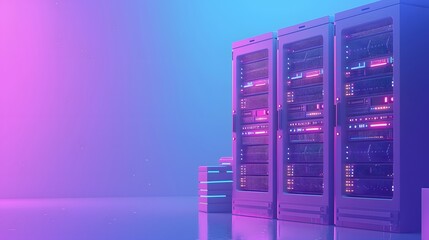 Poster - Modern server racks with blue and purple lighting in a data center. High-tech infrastructure for cloud computing and data storage.