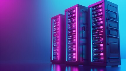 Poster - Modern server racks with vibrant neon lights in a data center. Technology and computing concept in a futuristic environment.