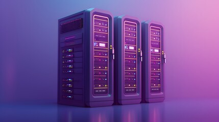 Poster - Three high-tech server racks in a futuristic setup with vibrant purple and blue lighting, showcasing advanced data center technology.