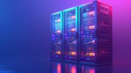 Poster - Three glowing servers in a neon-lit data center, showcasing futuristic technology and high-performance computing equipment.