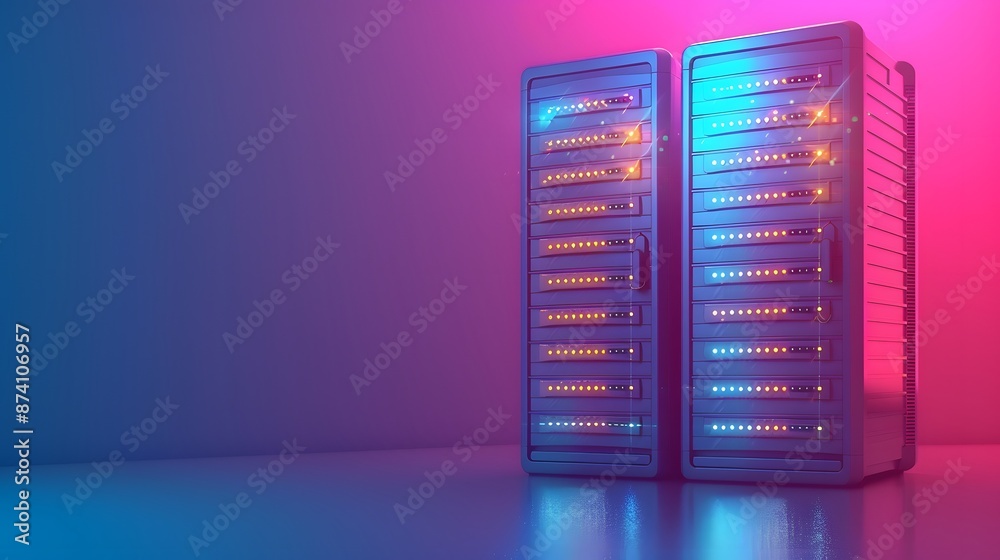 Two server racks illuminated with pink and blue lights in a data center ...