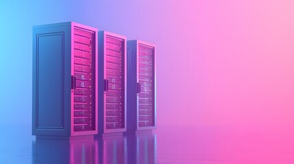Poster - Three server racks in a vibrant, futuristic setting with pink and blue lighting. Modern data center technology concept.