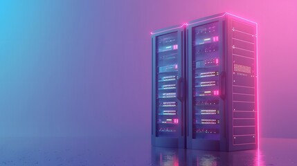 Poster - Two illuminated data servers in a modern data center with vibrant pink and blue neon lighting, reflecting advanced technology infrastructure.