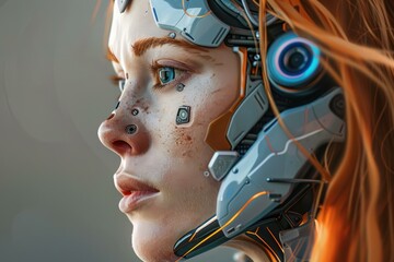 Poster - Closeup portrait of a sophisticated and futuristic cyborg woman with humanoid robotic features