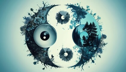 Poster - Yin Yang Symbol with Trees and Flowers.