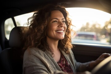 Sticker - Latina perivien woman driving car laughing.