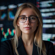 © Halina - Confident Businesswoman in Glasses Analyzing Data. Professional Portrait of a Young Female in a Modern Tech Environment