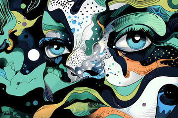 Wall Mural - Abstract Illustration of a Woman's Face with Blue Eyes