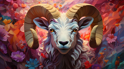 Wall Mural - Ram Portrait in Colorful Floral Background Illustration