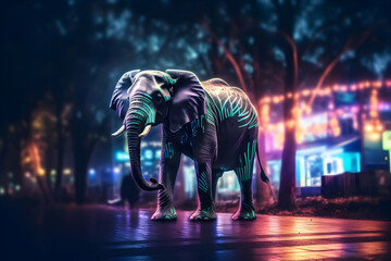 Wall Mural - Digital Elephant in Neon City - 3D Illustration