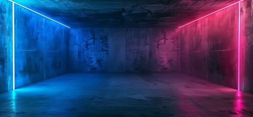 Poster - A 3D rendering of a sci-fi neon fantasy cyber futuristic retro alien dance club shining purple pink blue lights in a dark empty grungy concrete corridor background 3D scene
