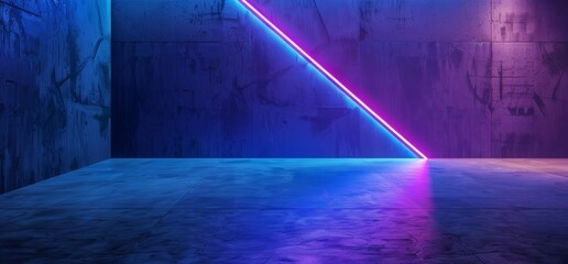 Poster - Stylish Sci Fi Futuristic Dark Grunge Concrete Room With Pink Purple Blue Glowing Neon Tube Lines With Reflections Empty Space For Text 3D Illustration.