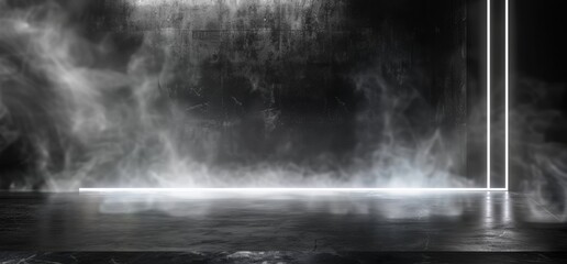 Poster - Luminous Neon Glowing White Laser Lines Reflective Concrete Grunge Dark Night Show Stage Entrance Garage Underground Retro Modern Virtual 3D Rendering