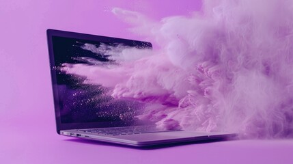 Poster - Laptop floating in mid air with blank screen powder burst on purple background Minimal artistic pop concept for ads